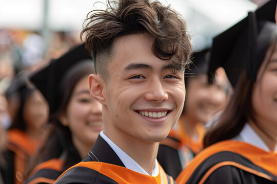 Young graduate smiling among peers at commencement. Generative AI image