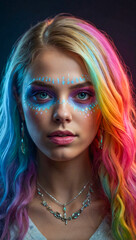 beautiful young woman with multicolored hair and bold make-up