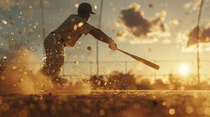 Dynamic Baseball Player Hitting Ball at Sunset, action-packed scene of a baseball player hitting a ball, with a dramatic burst of dust and sunset backlighting