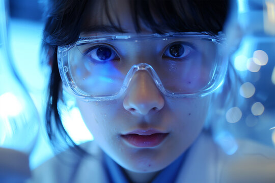Female scientist in lab with goggles and focused expression. Generative AI image