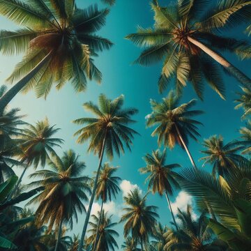 This image presents a peaceful view from below of tall, majestic palm trees set against a strikingly blue sky. The leaves of the palms are seen gently moving in the soft, warm tropical breeze, th...