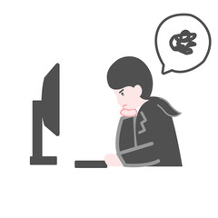 PCの前で肘をついて不機嫌そうな女性会社員