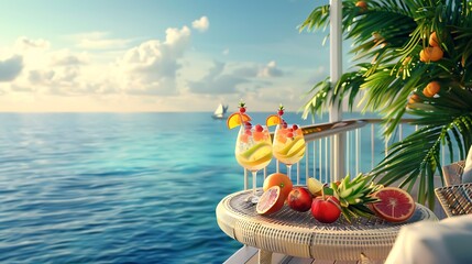 Luxury travel balcony with ocean view Drinks and fruits on table holiday destination