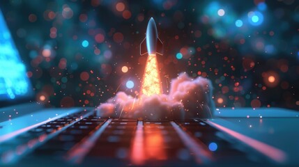 A laptop computer with a rocket coming out of it. - obrazy, fototapety, plakaty