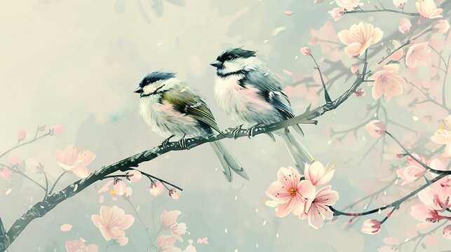 Chines style illustration two birds on a tree