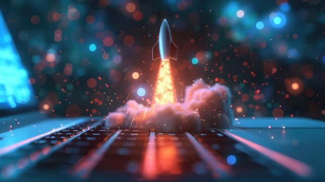 A laptop computer with a rocket coming out of it.