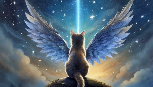 a flying cat watching a blue shooting star