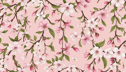 Pink delicate background cherry flowers pattern bright colors
