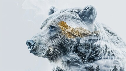 double exposure grizzly bear - obrazy, fototapety, plakaty