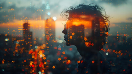 Silhouette of a person with a cityscape and digital network connections. Conceptual image of human connection and urban technology for design and print. Double exposure with vibrant sunset colors