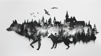 double exposure random town landscape with wolf