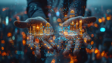Conceptual image of a businessman with open hands, holding a digital network of a cityscape. Symbolic representation of control and influence in smart city management and urban development - obrazy, fototapety, plakaty