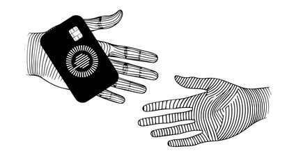 Bank card in hand. Save money. hand drawing. Not AI, Vector illustration