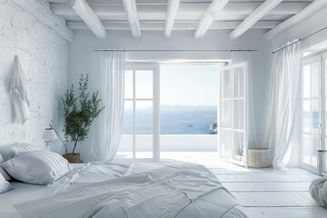 A living room with white color environment and white bed near sea view with a big space for text, Generative AI.