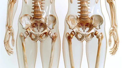 Fotobehang Caring for bones and joints. Supplementing with vitamins, minerals, calcium, zinc, and magnesium. Absorbed into healthy human skeleton anatomical bones Shows internal transparency © PT