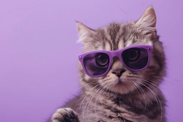 Cat with sunglasses on violet background   sale promotion banner.
