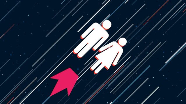 Man with woman symbol flies through the universe on a jet propulsion. The symbol in the center is shaking due to high speed. Seamless looped 4k animation on dark blue background with stars