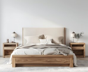 3d rendering of simple bedroom interior with white wall and wooden bed with beige headboard and two nightstands near it