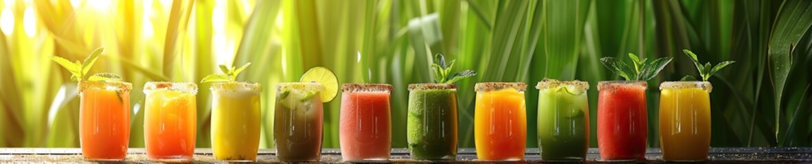 refreshing glass cups of juice surrounded by sugarcane