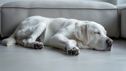 white cute dog sleeping peacefully on a bright white background