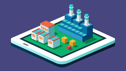 The digital interface of a tablet displaying a 3D model of the factory layout with each machine labeled and efficiency metrics showcased