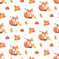 Cute baby watercolor pattern with fox and autumn mushrooms. Perfect for baby clothing, textiles, fabrics