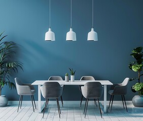 Modern dining room interior with a white table and gray chairs near a blue wall, mock up for a design stock photo contest winner, 20k, in the style of mock up for design stock photo contest winner