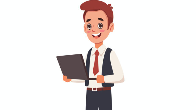 Cartoon happy young businessman holding a laptop 