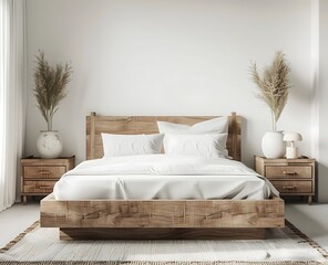 3d rendering of simple bedroom interior with white wall and wooden bed, bedside tables lamps and pillows - obrazy, fototapety, plakaty