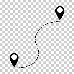 Location map path distance icon, one place to another location icon, pinpoint, map search, route, navigator icon isolated one transparent background, map pointer icon. Vector illustration. Eps file 43 - obrazy, fototapety, plakaty