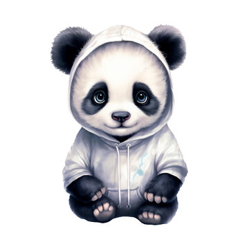 Watercolor hand-painted illustration of a baby panda in a hoody. Isolated on a transparent background