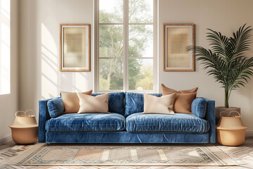 The living room of a Nordic style house with cushions in blue and orange tones.