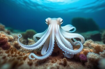 Octopus view underwater closeup in natural habitat - obrazy, fototapety, plakaty
