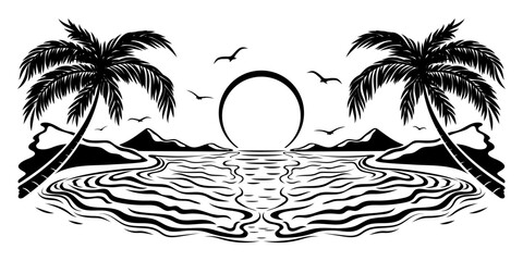 Sunset on tropical beach illustration on white background. - 777216860