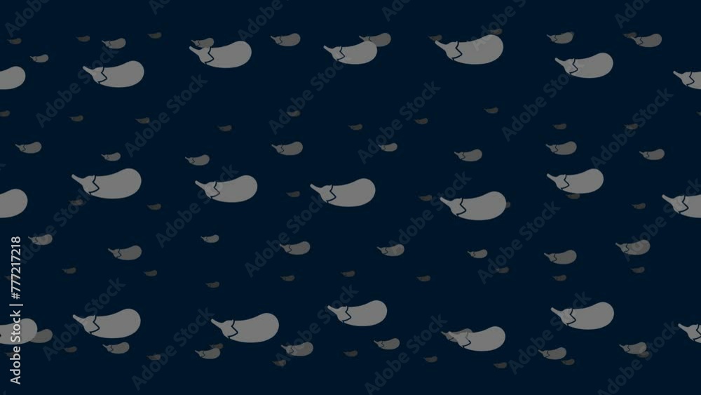 Poster eggplant symbols float horizontally from left to right. parallax fly effect. floating symbols are lo