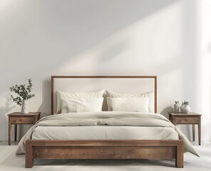 3d rendering of simple bedroom interior with white wall and wooden bed with beige headboard and two...
