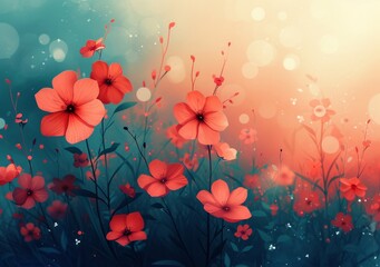 Vibrant Red Flowers Blooming in a Sunlit Field with a Blue Sky Background and Red Flowers Text