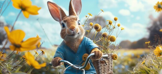 Happy birthday postcard. Fashion portrait of anthropomorphic rabbit in blue T-shirt rides a bicycle along meadow - obrazy, fototapety, plakaty