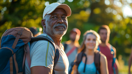 A 60-year-old dark-skinned man wearing a cap participates in summer group hiking.