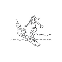 Fototapeta na wymiar Minimalistic man surfing on a surfboard in the blue waves