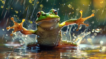 Rain or shine, the cartoon frog gleefully splashes in puddles, sending droplets flying in all directions.