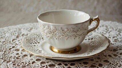 Elegant vintage cup on lace tablecloth