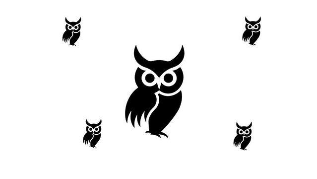 Zoom in and out animation the owl symbol. Large black symbol in the center and four small symbols around. Seamless looped 4k animation on white background