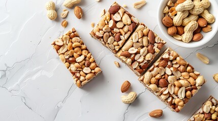 Top view of peanut bar on a bowl kept on a white bowl with peanuts in a clean white backdrop with space for text or product - obrazy, fototapety, plakaty