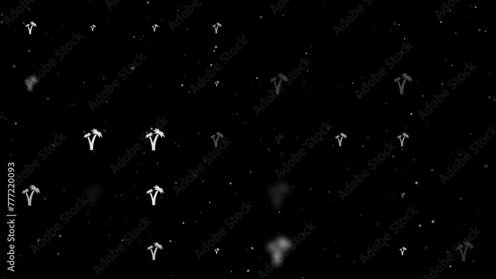 Poster template animation of evenly spaced palm trees symbols of different sizes and opacity. animation of 