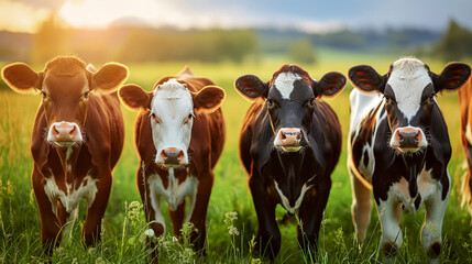 Four happy cows posing to the picture, beautiful countryside rural landscape. Happy farm animals.