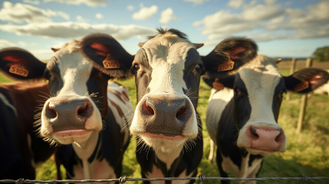 Three happy cows posing to the picture, beautiful countryside landscape. Happy farm animals.