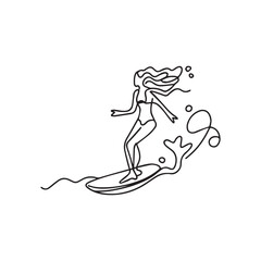 Minimalistic man surfing on a surfboard in the blue waves