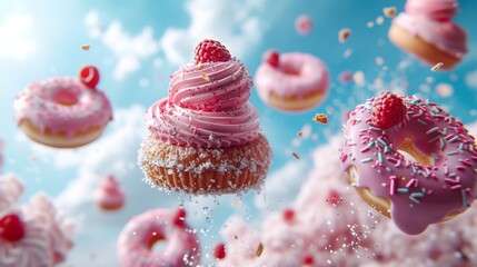 Delicious flying donuts with pink frosting and raspberries on top in midair shot