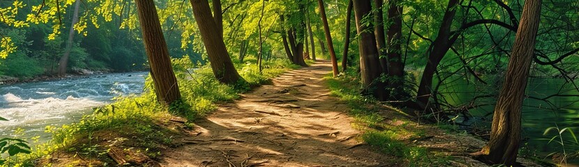 Landscape decorated with sturdy forest trees. A path created by nature that looks like an alley. The landscape is completed with the image of a river. - obrazy, fototapety, plakaty